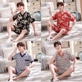 

Pajamas Men's Summer Silk Short Sleeve Shorts Greenish Blue Middle-aged Summer Thin Section Loose-Fit Plus-sized Viscose Set Hom