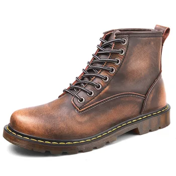 

2020 New Flat heel men boots genuine leather Increase Shoes male round head Solid Color Lace-up fashion winter Size 38-45