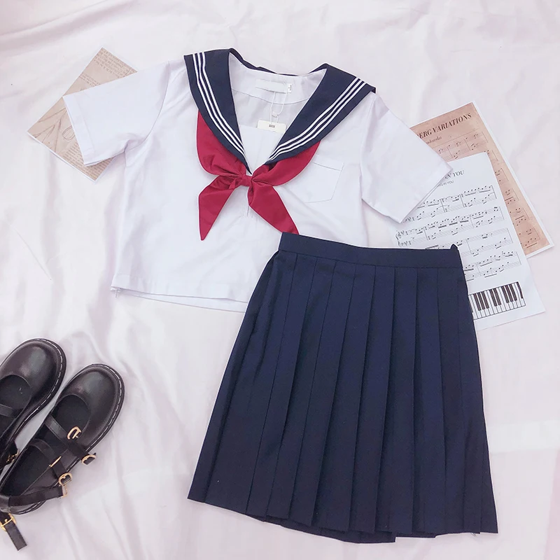

Autumn Summer Japanese School Uniforms For Girls Cute Short-length Sailor Tops Pleated Skirt Full Sets Cosplay JK Costume Series