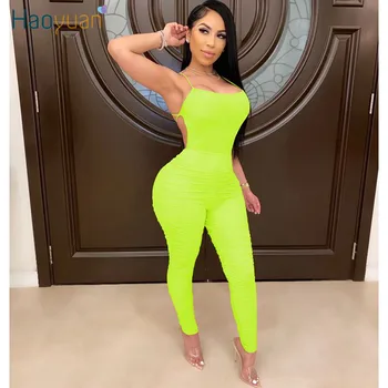 

HAOYUAN Sexy Ruched Bodycon Rompers Women Jumpsuit 2020 New Summer Clother One Peice Club Outfits Backleee Lace Up Body Overalls