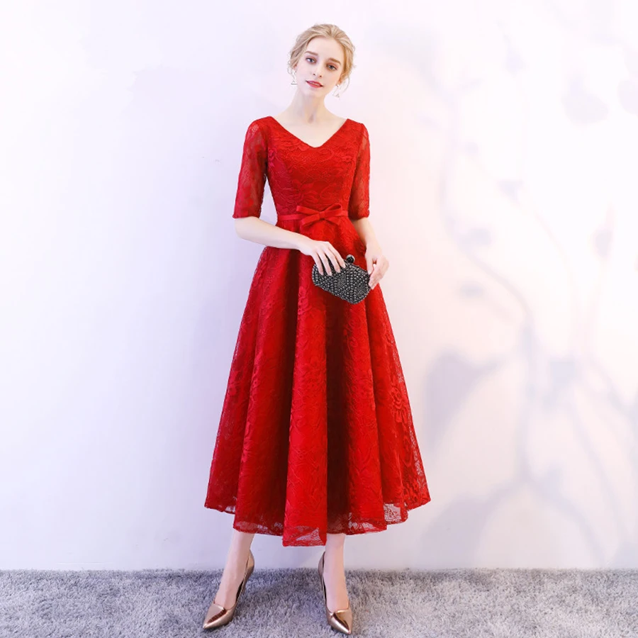 

Evening Dress V-neck Half-Sleeve Robe De Soiree 2019 New Tea Length Simple Formal Dresses Lace Up Bow Elegant Party Gowns E106