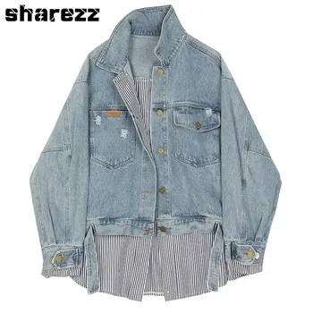 

Sharezz Spring 2020 New Denim Short Coat Women Loose Fit Blue Striped Stitch Big Size Jacket New Lapel Long Sleeve Fashion Tide