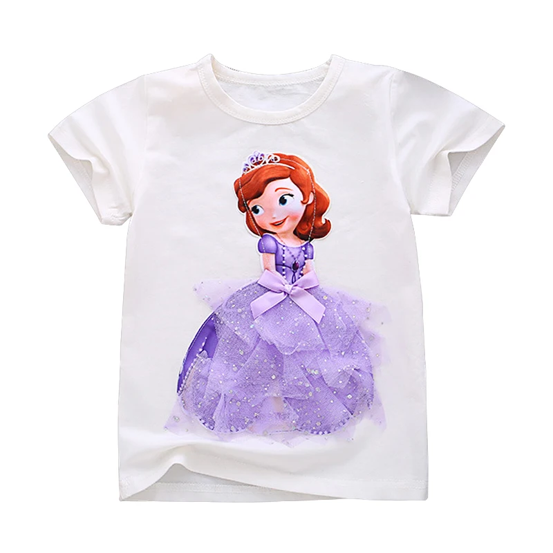 

Summer cotton girls tee baby tops kids casual t shirt children basic clothes mesh elsa sofia cartoon princess 4 to 10 yrs