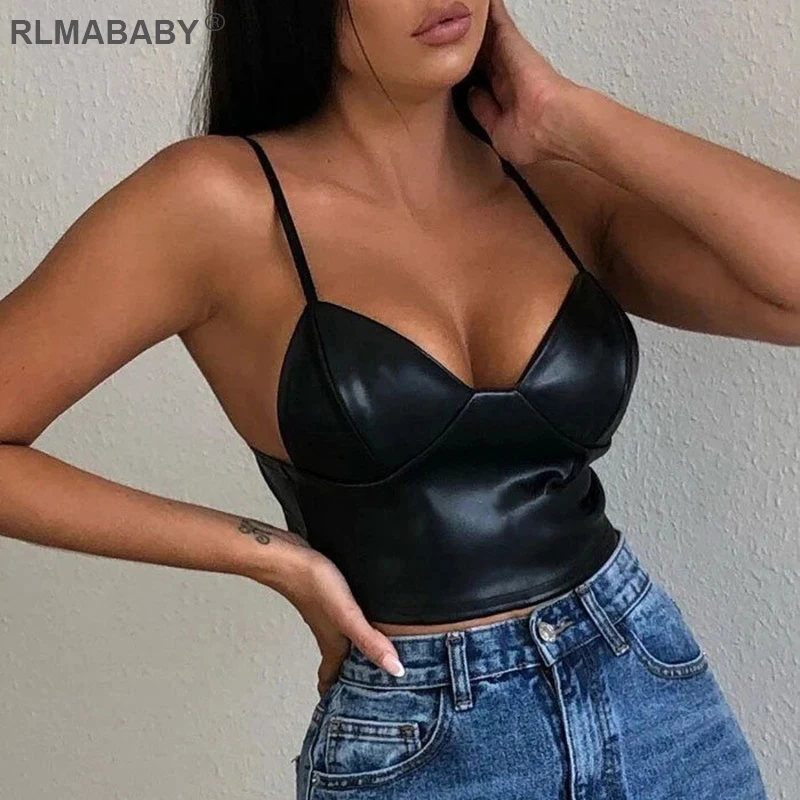 RLMABABY Black PU Leather Tank Top Spaghetti Strap V Neck Sexy Women Short Tops Slim Back Zipper Night Club Female Crop Top