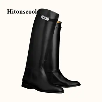 

2020 Designer Genuine Leather Long Boots Sexy Woman Motorcycle Booties Belt Strap Metal Shark Lock flat heel Knee High Boots