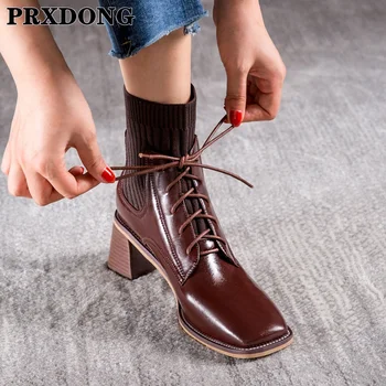 

New Brand Women Autumn Winter Genuine Leather Ankle Boots Lace Up High Heels Short Boots Fashion Party Night Club Shoes Woman 40