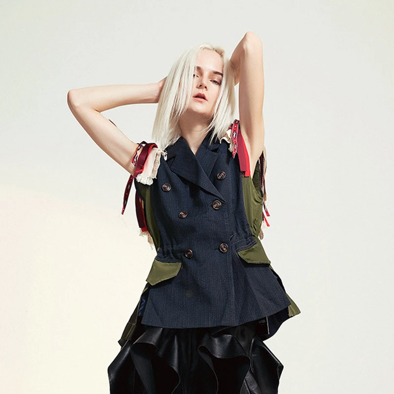 TWOTWINSTYLE хит цвета Геометрическая Повседневная Женская жилетка воротник с отворотом короткий рукав Лоскутная кисточка женские жилеты осень мода