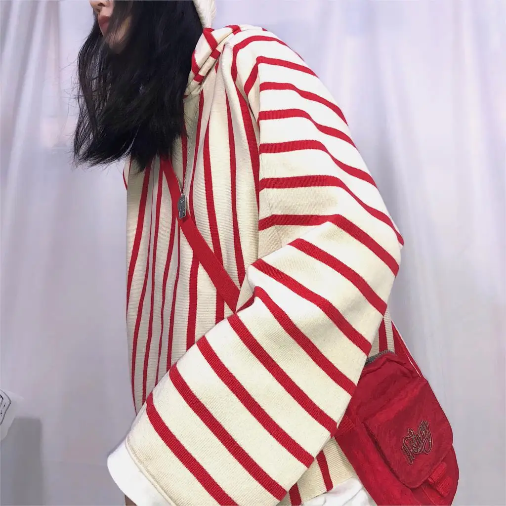 Корейский зимний ulzzang Harajuku шикарный модный полосатый Свободный Повседневный свитер с капюшоном уличный свободный осенний женский свитер