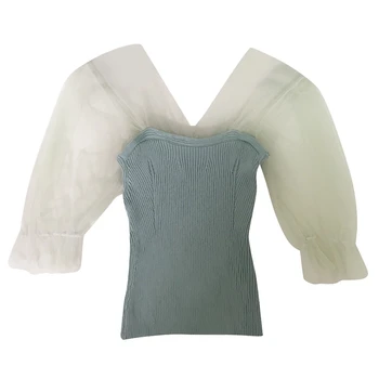 

2020 summer fashion show thin hubble-bubble sleeve v-neck top stitching gauze lantern sleeve short sleeve T-shirt dress