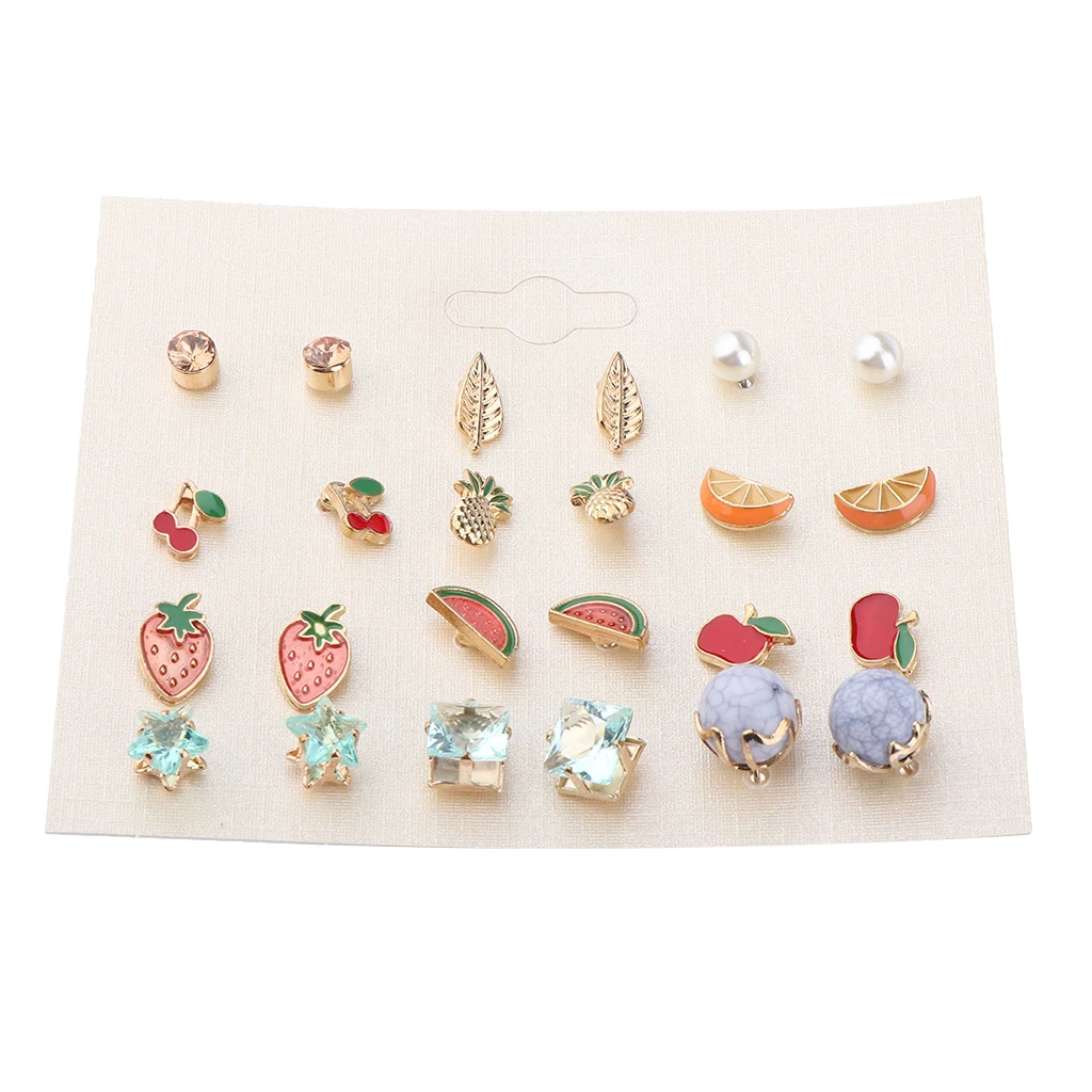 12 Pairs Women Girl Cute Fruit Earrings Pineapple Cherry Stud Earrings Set