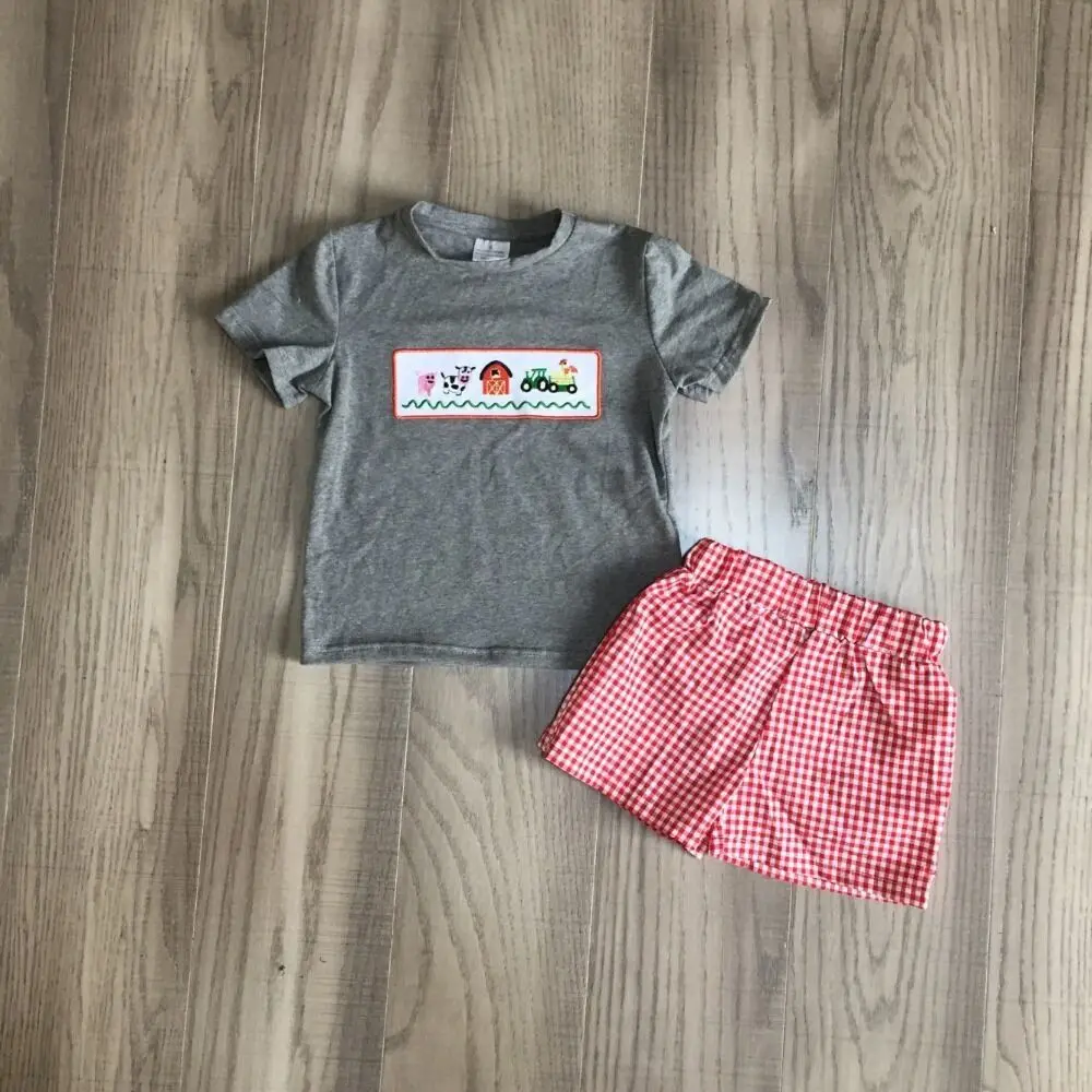 Bébé garçon tenue d'été garçons ferme vêtements poussin chook chemise avec rouge plaid shorts enfants ferme vêtements