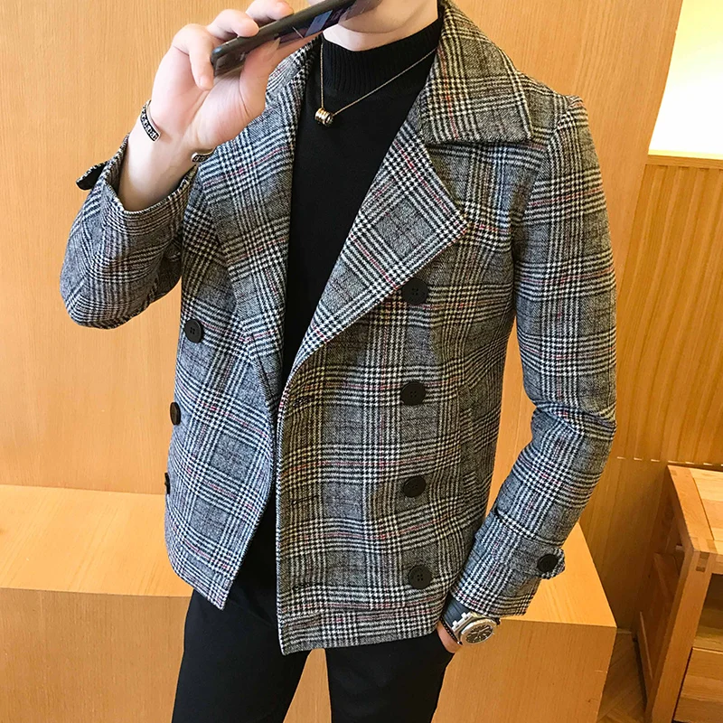 Мужское клетчатое шерстяное пальто, осенне-зимняя мужская модная деловая повседневная куртка, мужское короткое двубортное приталенное шерстяное пальто