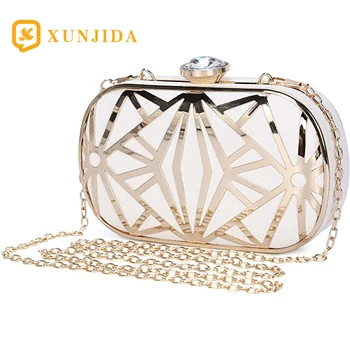 

XUNJIDA NEW Women Evening Bag Exquisite Leather Handbag Metal Hollow Designer Wedding Party Clutch Purse Diamond Buckle Chain