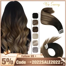 VeSunny Tape In Human Hair Extensions Adhesive Remy Human Hair Ombre Black Brown 50g Glue On Hair Straight Seamless Skin Weft
