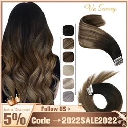 VeSunny Tape In Human Hair Extensions Adhesive Remy Human Hair Ombre Black Brown 50g Glue On Hair Straight Seamless Skin Weft