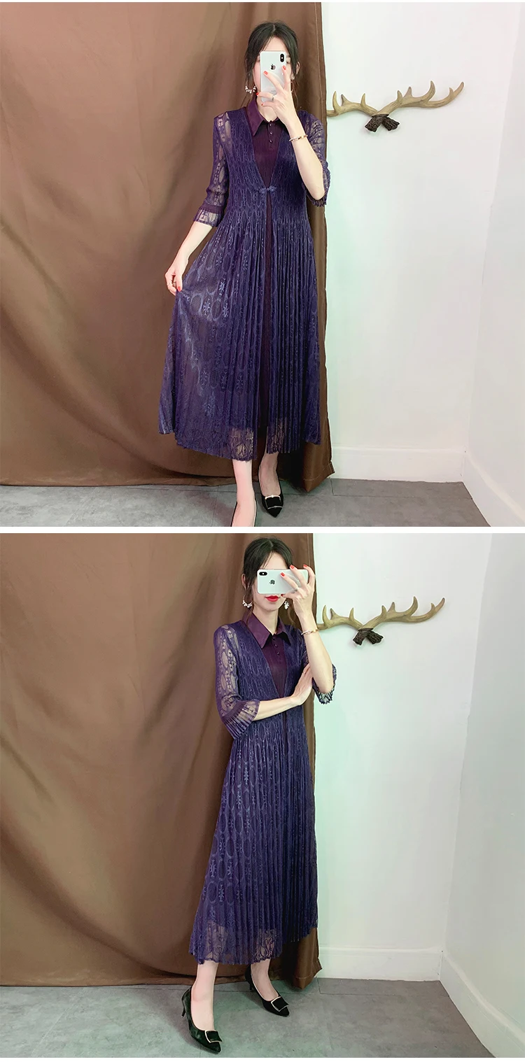 Miyake плиссированные, пожалуйста, поддельные, из двух частей платье, однотонные, три четверти рукав, длиной до щиколотки, женские платья, кружевное платье со складками, Новинка осени