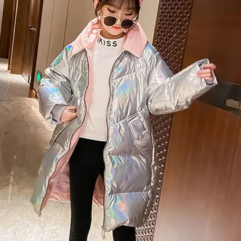 

Fashion Girls Winter Jacket Kids Down Cotton Coat Waterproof Snowsuit Pink Silver Jacket Hooded Parka Teenage Girls Warm Coats