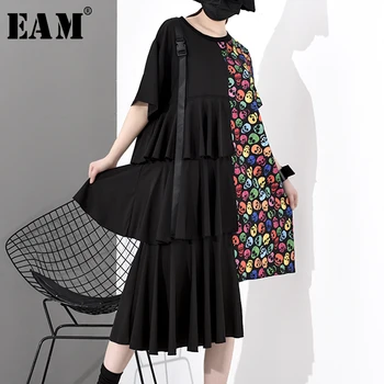 

[EAM] Women Black Pattern Printed Pleated Big Size Dress New Round Neck short Sleeve Loose Fit Fashion Spring Summer 2020 1S041