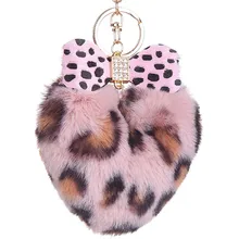 С инкрустацией стразами бант сердце пушистый шар кулон Леопард узор Лук брелок для ключей сердца Леопард узор персик сердце пом-ключ "Помпон" кольцо