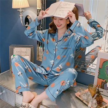 

Silk Pijama Satin Women Pajamas Sets Long Sleeves Pyjamas Turn-down Collar Sleepwear Pocket Decor 2 Pieces Women Silk Pajamas