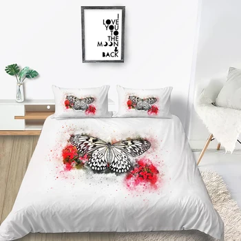 

Red Flowers Bedding Set Butterfly Beautiful 3D White Duvet Cover Queen King Twin Full Single Double Unique Design Bed Set