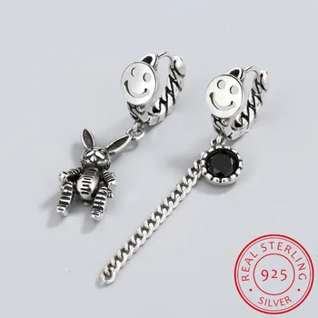

925 Sterling Silver Smiling Face Hoop Earrings Asymmetric Rabbit Zirconia Chain Tassel Ear Fine Jewelry For Women S-E1061