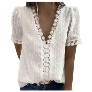 Women Blouse Tops Lace Short Sleeve Large size Loose Casual shirt V-neck Solid Color Top Summer Casual Blouses