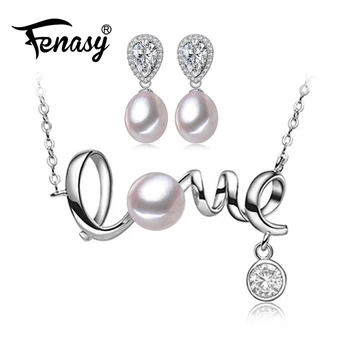 

FENASY 925 Sterling Silver Jewelry Sets Custom Bohemian Love Letter Natural Pearl Pendant Necklace For Women Heart Earrings
