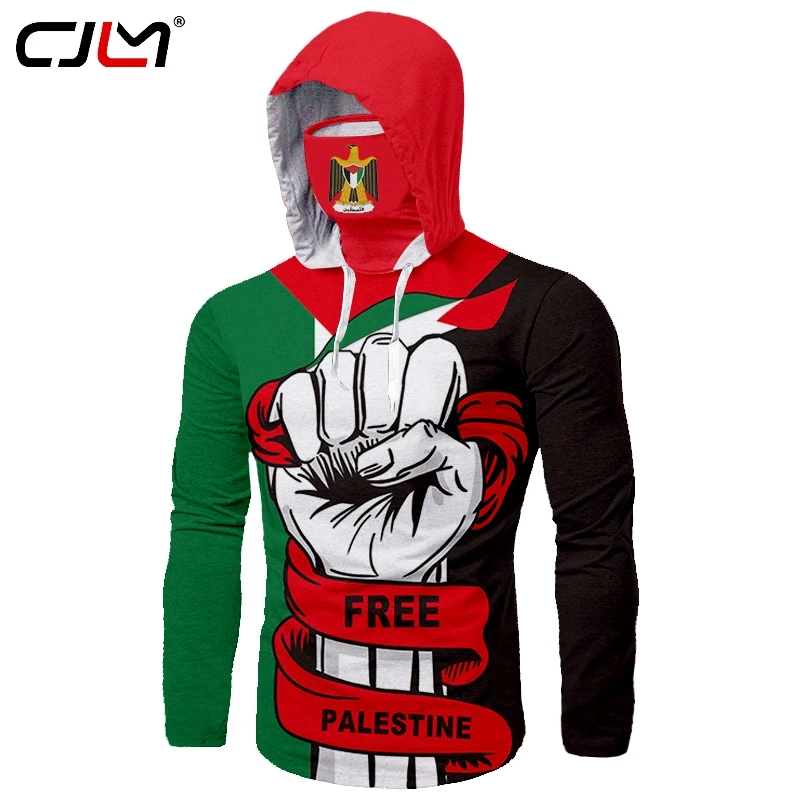 CJLM Custom Free Palestine Mask Ninja Fist Hooded Long Sleeve T-shirt Tattoo Oversized Long-sleeved Shirt Scarf Flag | Мужская одежда