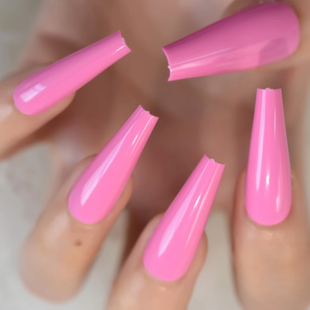 Pink Coffin Faux Ongles Extra Long Thick Reuseable Shiny Uv Shine Tapered Press On Nails Predesigned 24 False Nails Aliexpress