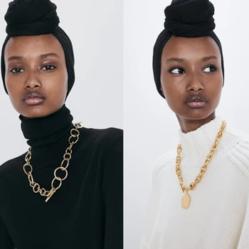 

Dvacaman 2020 ZA Newest Vintage Gold Color Chain Link Necklace for Women Punk Badge Pendant Necklace Party Jewelry Accessories