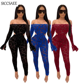 

See Through Mesh Two Piece Set Slash Neck Bodycon Bodysuit Flare Sleeve Long Pants Transparent Bandage Costumes For Women Sexy