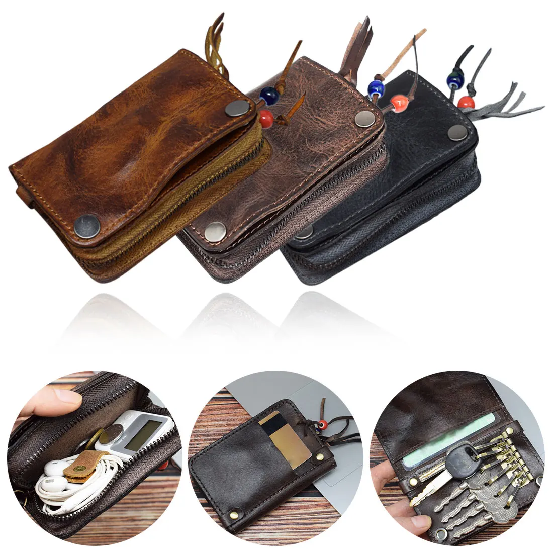 

Vintage Genuine Cow Leather Key Wallet Holder Men Cowhide Zipper Car Key Bag Case Card Holders Coin Purse Organizer Housekeeper
