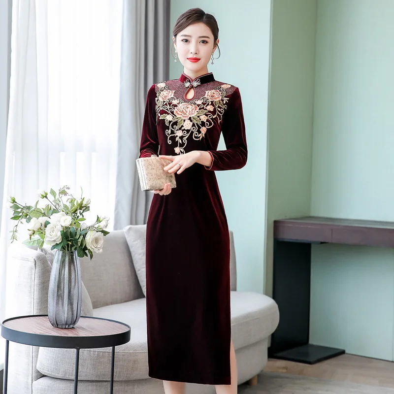 Ne8342@ осеннее Золотое бархатное платье с вышивкой Cheongsam улучшенное свадебное банкетное платье для женщин среднего возраста формальное платье