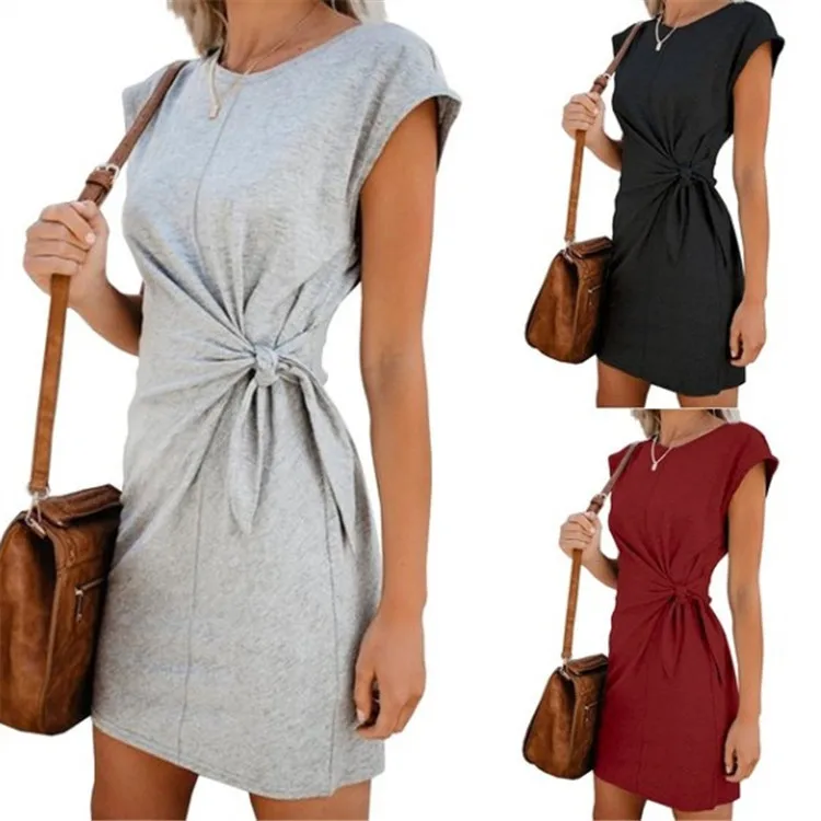 

Women Loose Round Neck Dress Short Sleeve Solid Color Casual Dress