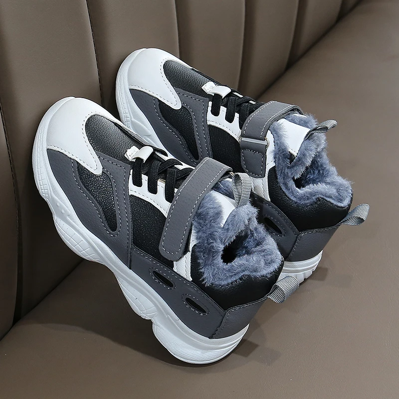 gray plush Г. Модная новая детская зимняя водонепроницаемая Спортивная обувь для маленьких девочек повседневная обувь для больших детей, кроссовки для мальчиков, ботинки от 3 до 12 лет - Color: gray plush
