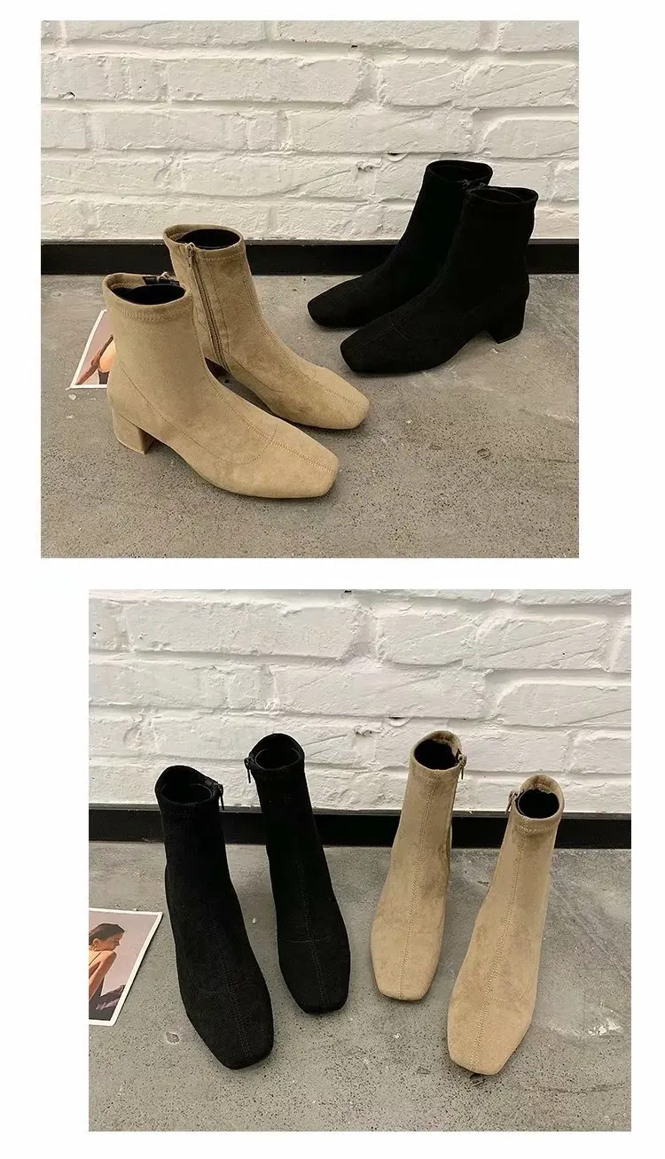 Chaussures femme/ г. Модные зимние Ботинки martin из флока на молнии с квадратным носком до середины икры плюшевые ботинки на не сужающемся книзу массивном каблуке