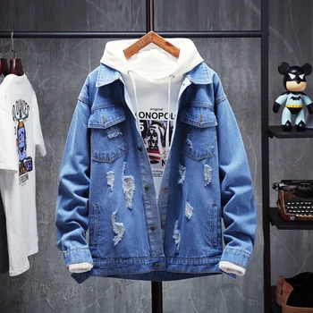 

Denim Jacket With Holes For Spring & Autumn Mens Denim Jacket Ripped Coat For Men Slim Fit Solid VogueEmbroidery Coats For Cot