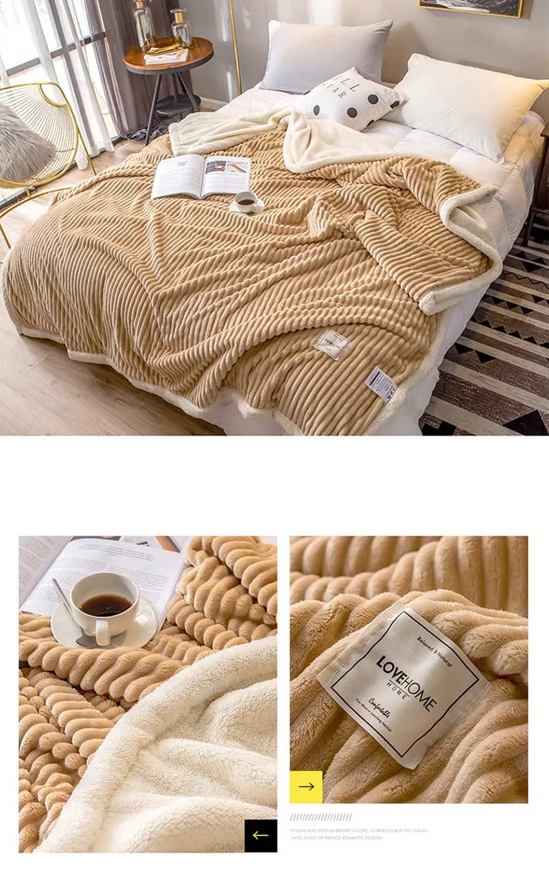 Осенне-зимнее кашемировое Двухслойное Полосатое плотное одеяло однотонное мягкое теплое Коралловое флисовое покрывало для дивана s