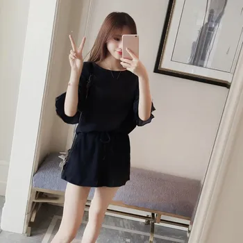 

Summer Women's Costumes Casual O-neck short sleeve tops + shorts two piece set Female Office Suit Set Rk #E