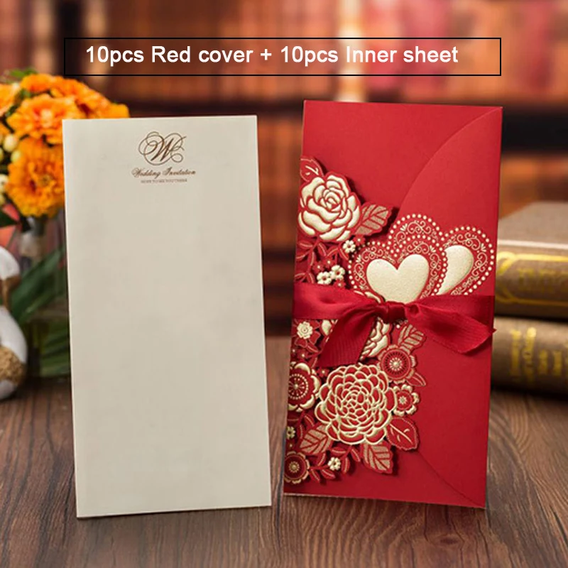 Red Set 2 10 шт. лазерная резка, для свадьбы Пригласительные открытки Роза Любовь Сердце резной узор поздравительная открытка с лентой Свадебная вечеринка День Святого Валентина поставка - Цвет: Red Set 2