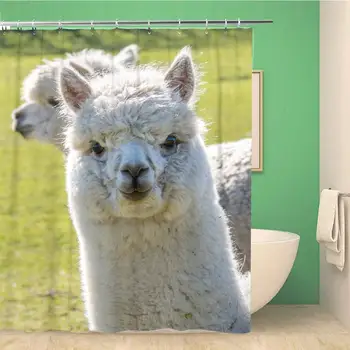 

Bathroom Shower Curtain Brown White Llama Alpaca Walking Toward The Camera Green 72x72 inches Waterproof Bath Curtain Set with