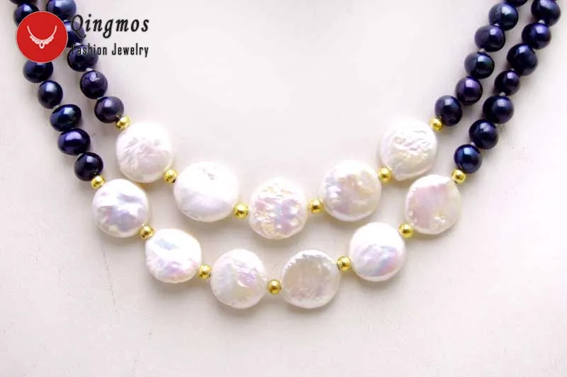 Qingmos 6-7mm Round Natural Black Pearl Necklace for Women with 12-13mm Coin Round White Pearl Pendant Necklace 2 Strand 17-18''