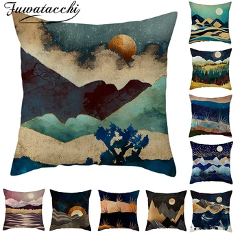 

Fuwatacchi New Nordic Linen Pillow Cover Sunset Mountain River Printing Cushion Cover for Home Home Sofa Throw Pillowcase 45x45
