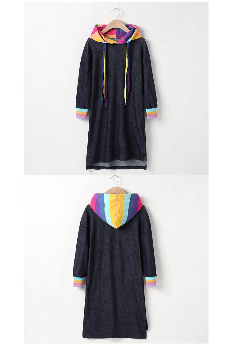 Girls denim dress Blue Rainbow Teen Girl Long Sleeve Dresses T Shirts Hooded Autumn Kids Clothing Casual Children Clothes