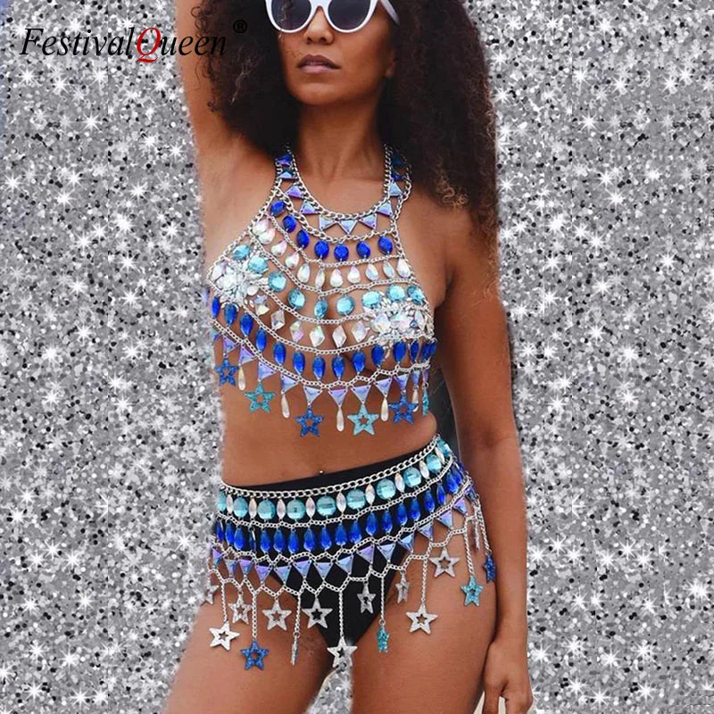 

Shiny Star Sequins Two Piece Set Women Halter Hollow Out Crop Top Link Chain Tassels Skirt Summer Beach Party Club 2 Pcs Outfits