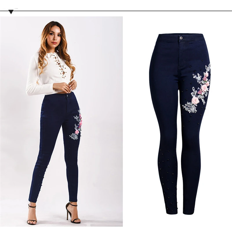 Fashion New High Waist Jeans for Women Pearl embroidery Slim Stretch Denim Jean Bodycon Belt Bandage Skinny Push Up Jeans Woman