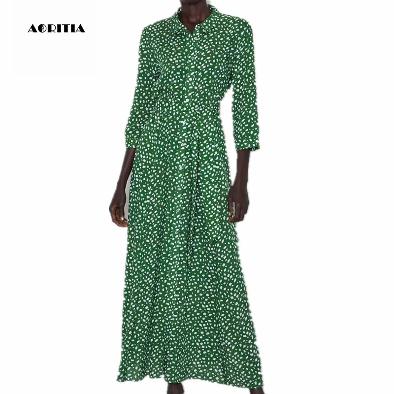 

2019 Women Autumn Long Sleeves Dresses Dot Print Casual Long Dress