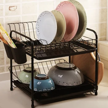 

2-Tier Kitchen Dish Storage Drain Rack Set Plate Bowl Spoon Storage Frame Steel Storage Basket Free Punching Organizer