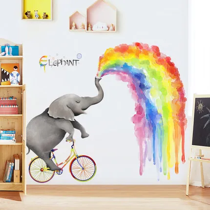 

Cartoon Elephant Rainbow Wall Sticker 104*133CM Large Animal Kids Room Decoration Poster Nursery Wall Decals Mural Picture Art